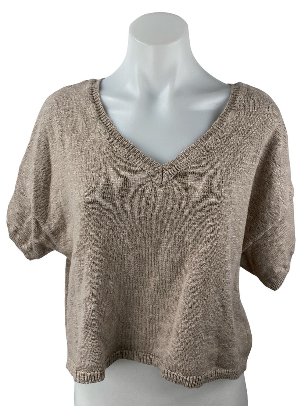 By Together Women's Brown Tan V-Neck Short Sleeve Crop Knit Sweater Top Size S